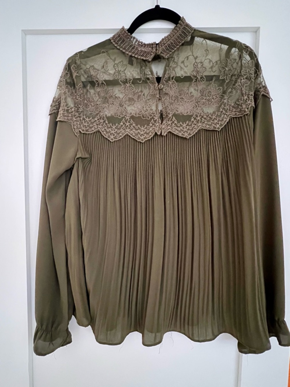 Lace Yoke Pleated Olive Green Blouse